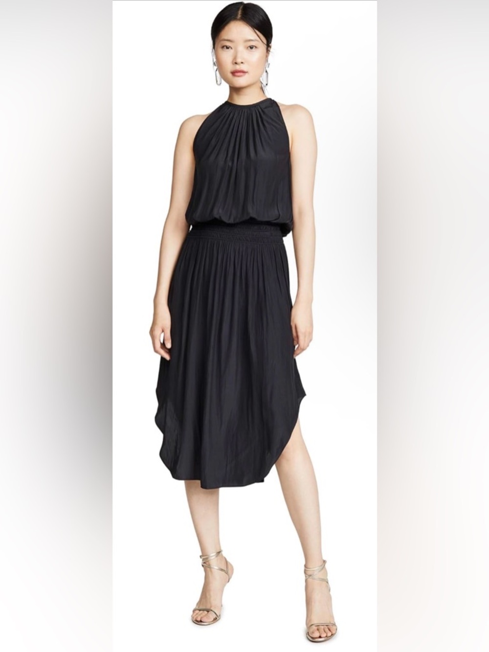 Ramy Brook Black Halter Midi Dress Smocked Waist Flowy Cocktail Wedding Guest XS